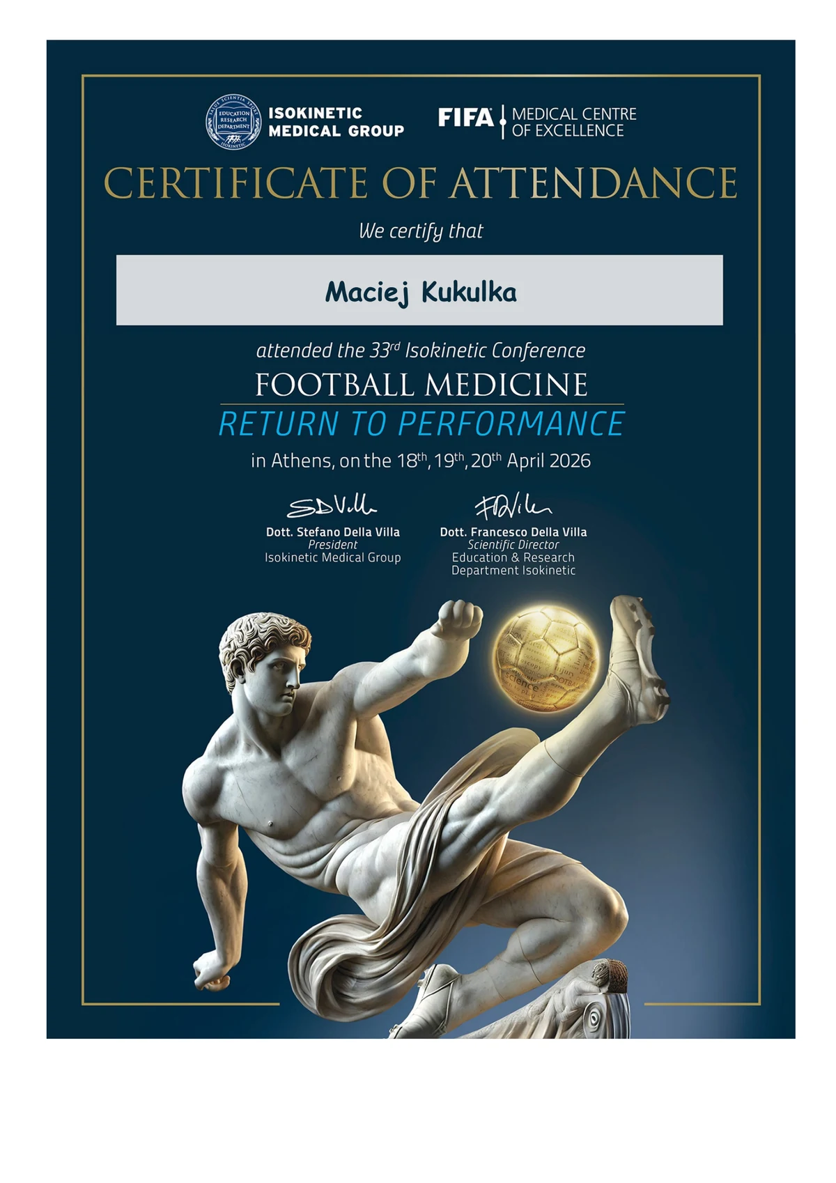 Certyfikat uczestnictwa AirFlow Performance — 33. Konferencja Isokinetic Football Medicine: Return to Performance, Ateny 18–20 kwietnia 2026